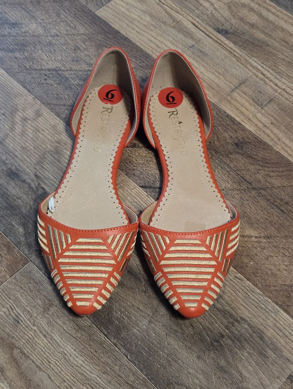 Restricted Orange Pointed D'Orsay Flats with Gold Stripes
